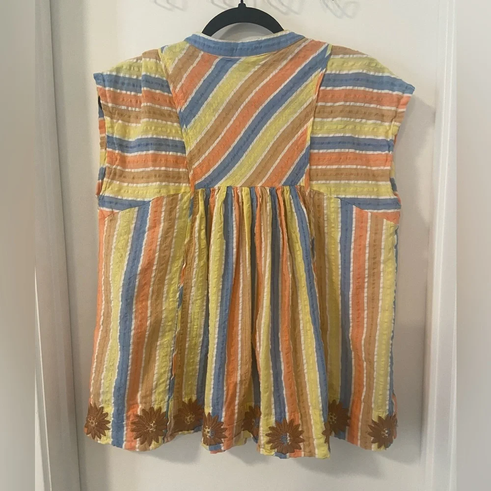 Ivy Jane XS cotton colorful stripe embroidered cap sleeve boxy blouse - Picture 2 of 5